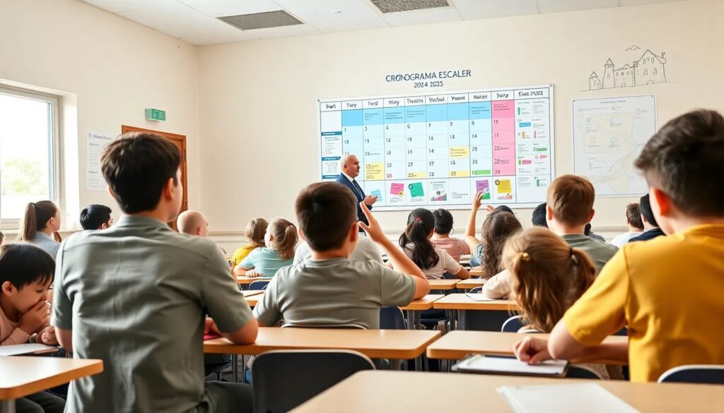 Estudiantes en clase con profesor y cronograma escolar.