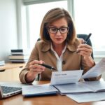 Mujer trabajando en oficina con documentos y ordenador.