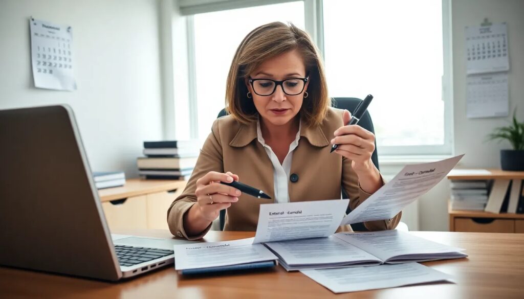 Mujer trabajando en oficina con documentos y ordenador.