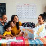 Familia mirando mapa juntos, calendario al fondo.