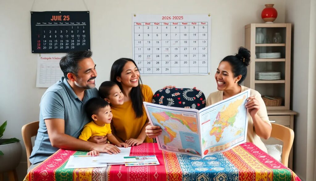 Familia mirando mapa juntos, calendario al fondo.