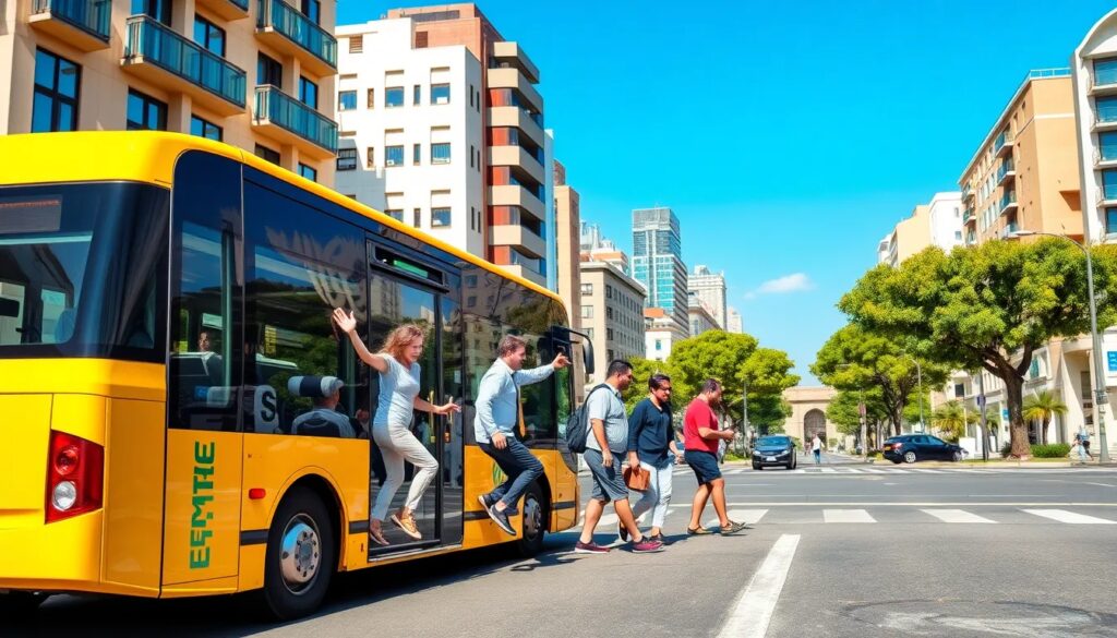 Gente cruzando calle junto a autobús amarillo en ciudad.