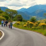 Grupo paseando por carretera rodeada de naturaleza y montañas.