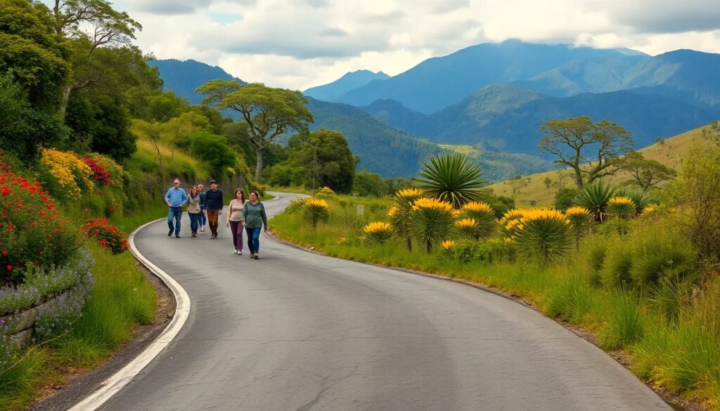 Grupo paseando por carretera rodeada de naturaleza y montañas.