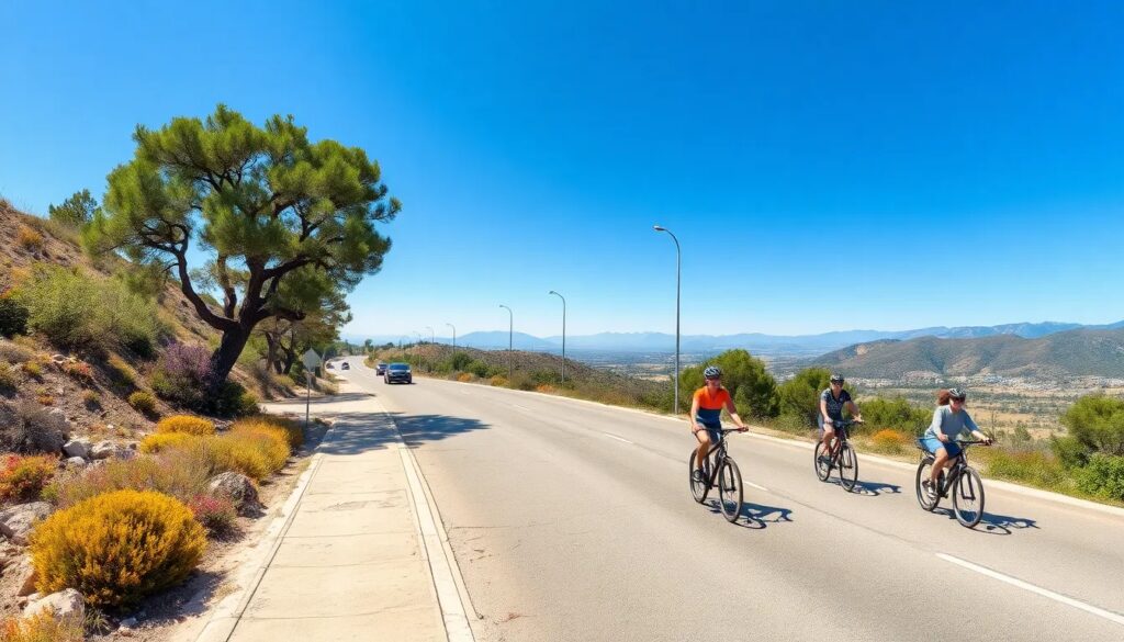 Ciclistas en carretera montañosa, día soleado