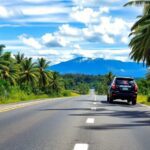 Carretera entre palmeras hacia montañas y cielo azul.