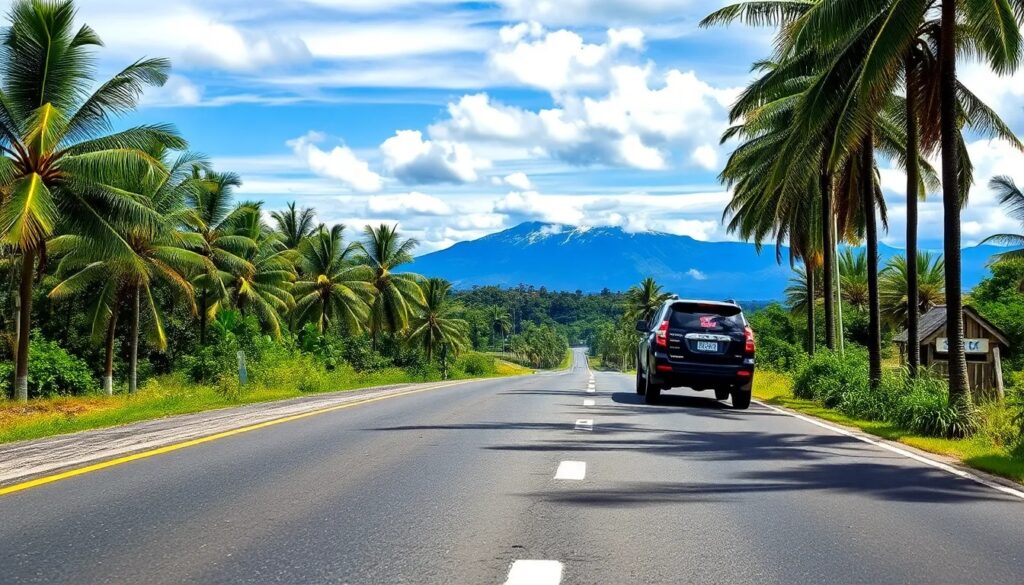 Carretera entre palmeras hacia montañas y cielo azul.