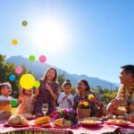 Familia disfrutando picnic en parque soleado.