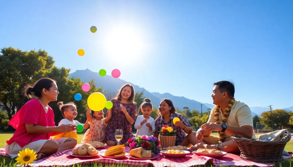 Familia disfrutando picnic en parque soleado.