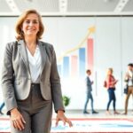 Mujer ejecutiva en sala de oficina moderna.