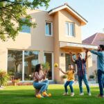 Familia jugando en el jardín de casa moderna