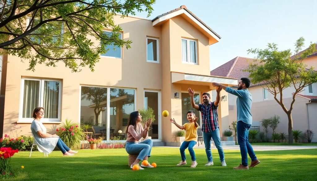 Familia jugando en el jardín de casa moderna