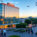 Edificio de oficinas al atardecer con aviones volando