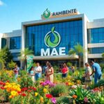 Gente en jardín frente a edificio empresarial MAE.