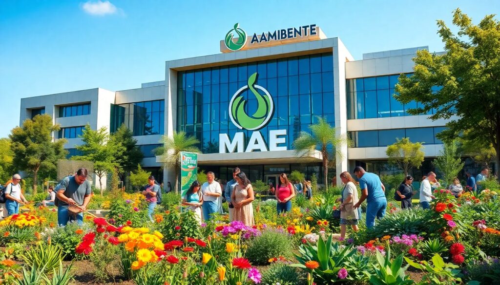 Gente en jardín frente a edificio empresarial MAE.