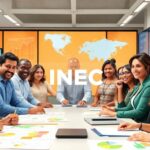 Personas en reunión corporativa con gráficos en pantalla.