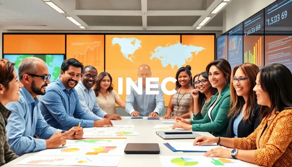 Personas en reunión corporativa con gráficos en pantalla.