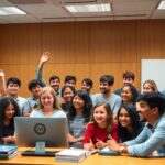 Grupo de estudiantes sonrientes viendo una pantalla de ordenador.