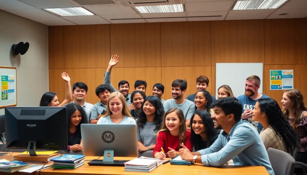 Grupo de estudiantes sonrientes viendo una pantalla de ordenador.