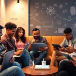 Grupo discute proyectos con dispositivos digitales.