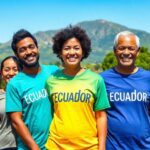 Grupo sonríe con camisetas de Ecuador en la naturaleza.