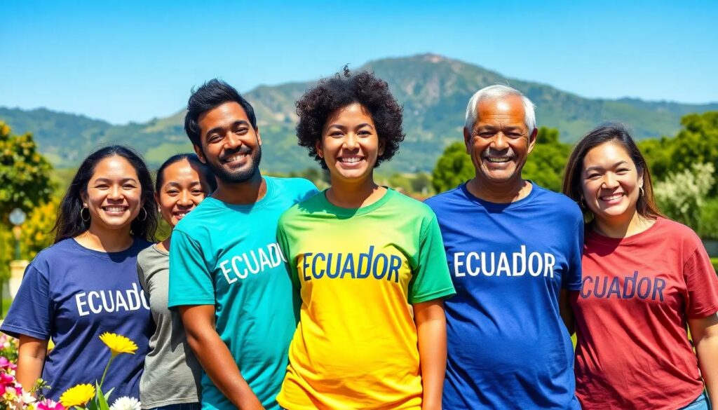 Grupo sonríe con camisetas de Ecuador en la naturaleza.
