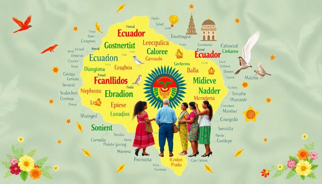 Mapa festivo de Ecuador con figuras culturales.