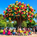 Árbol colorido con personas en un parque soleado.