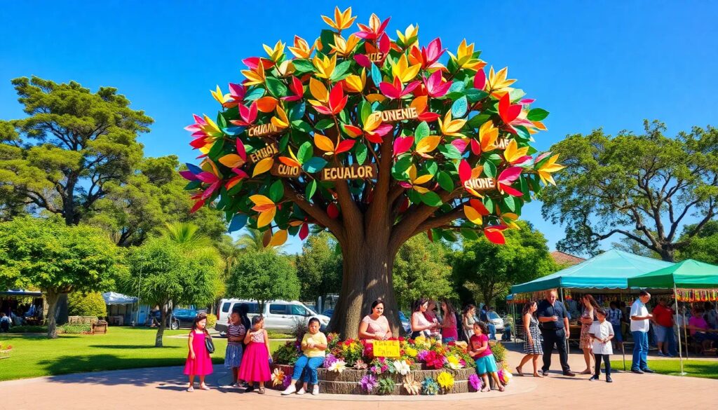 Árbol colorido con personas en un parque soleado.