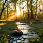 Mariposas y flores en bosque al amanecer.