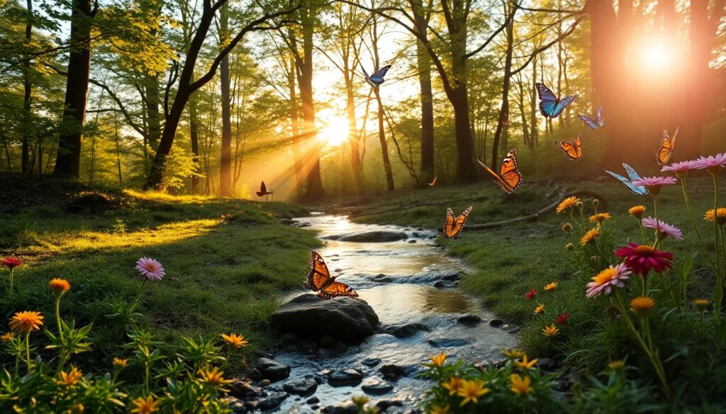 Mariposas y flores en bosque al amanecer.