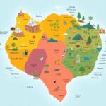 Mapa ilustrado colorido con varias regiones y nombres ficticios.