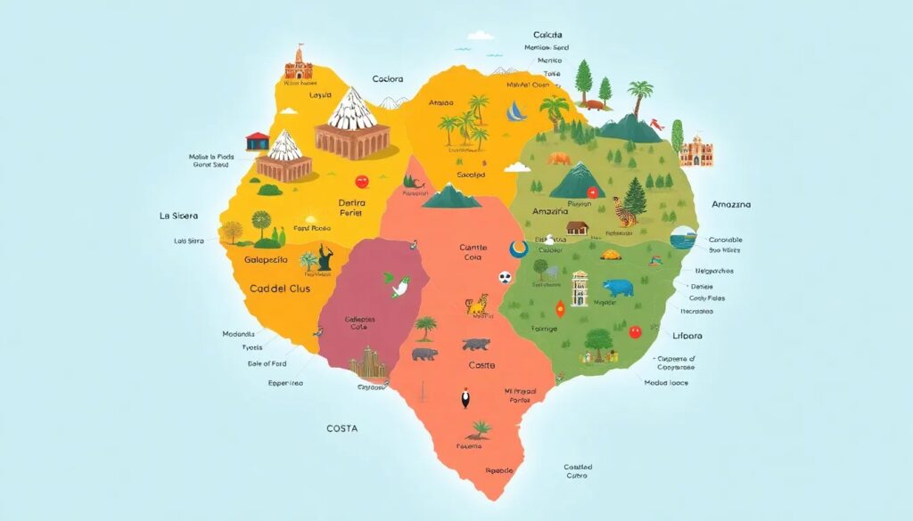 Mapa ilustrado colorido con varias regiones y nombres ficticios.