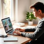 Persona usando portátil junto a ventana y plantas.