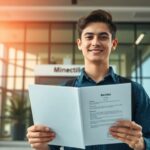 Joven sonriente con diploma afuera de edificio moderno.