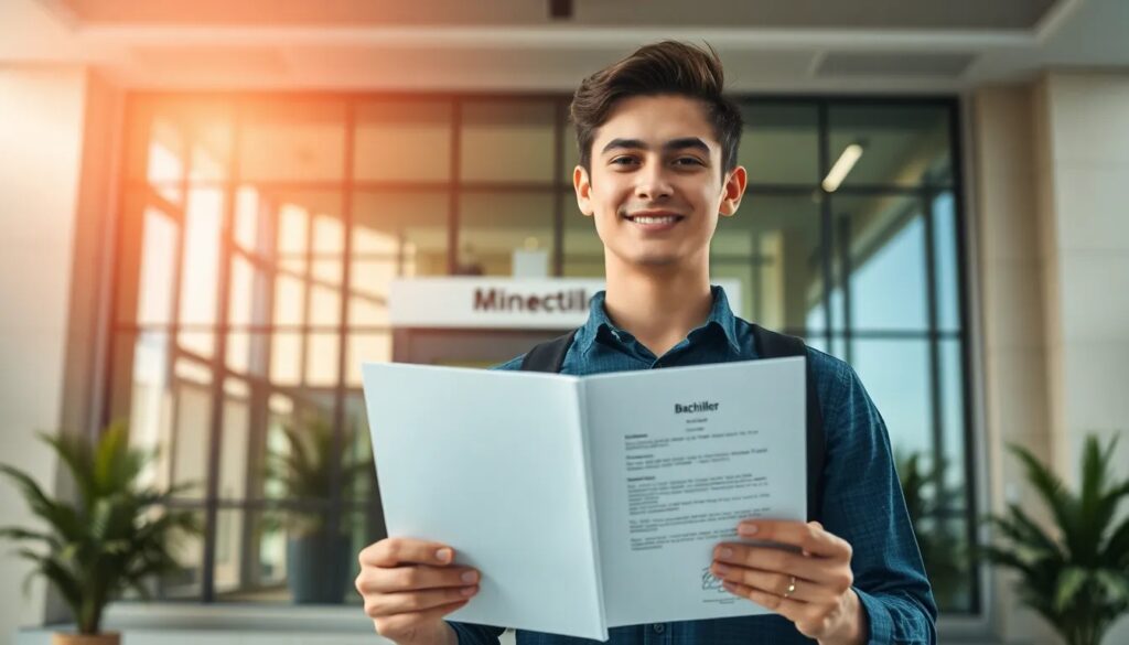 Joven sonriente con diploma afuera de edificio moderno.