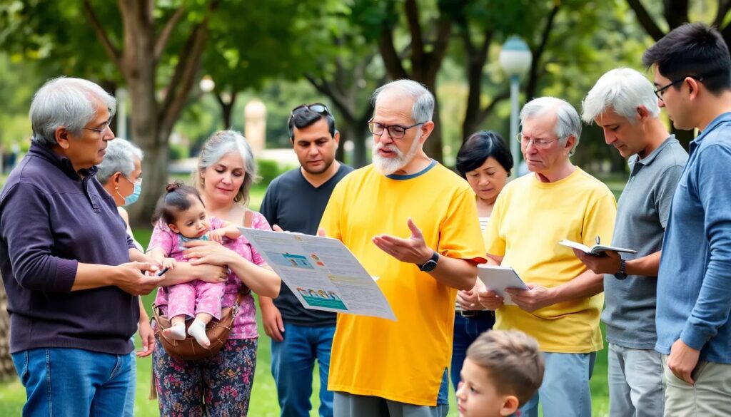 Reunión comunitaria en el parque con documento.