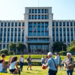 Personas frente a edificio gubernamental con banderas.