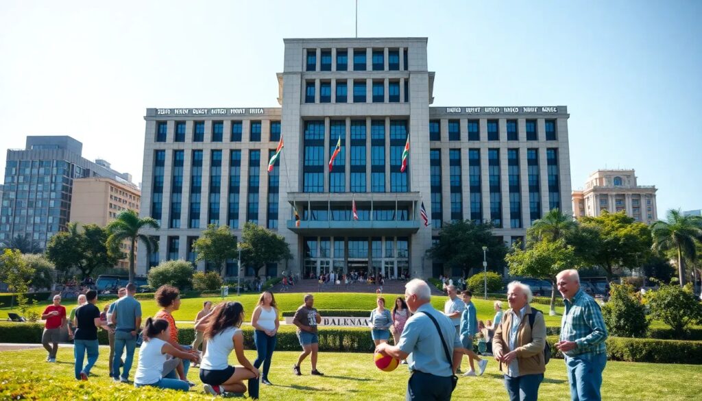 Personas frente a edificio gubernamental con banderas.