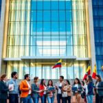 Personas reunidas frente a edificio con banderas