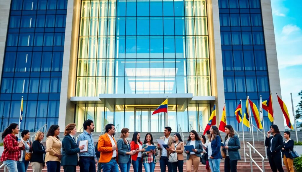 Personas reunidas frente a edificio con banderas