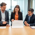 Personas revisando documento en oficina moderna.