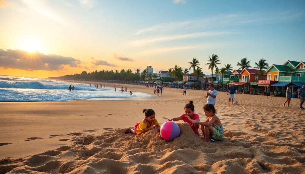 Niños jugando en la playa al atardecer.