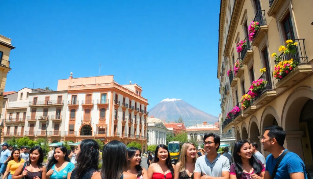 Grupo de personas en plaza con edificio y volcán.