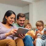 Familia usando tablet y móviles juntos en sofá