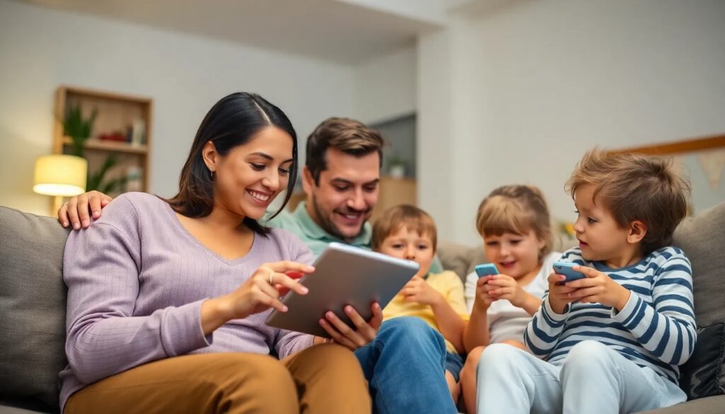 Familia usando tablet y móviles juntos en sofá