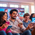 Personas usan dispositivos móviles en sala de estar.