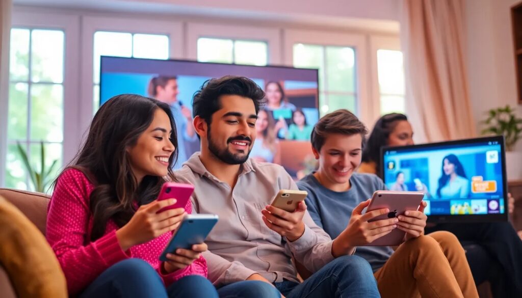 Personas usan dispositivos móviles en sala de estar.