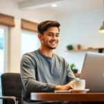 Hombre sonríe mientras trabaja en la computadora.