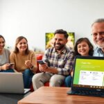Familia sonríe usando tecnología en sala de estar.